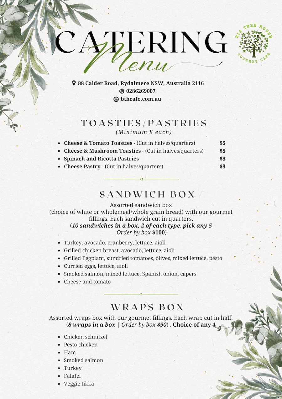 big tree house catering menu toasties pastries sandwich wraps