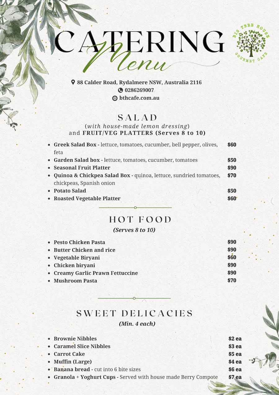 big tree house catering menu salad hot food sweet delicacies