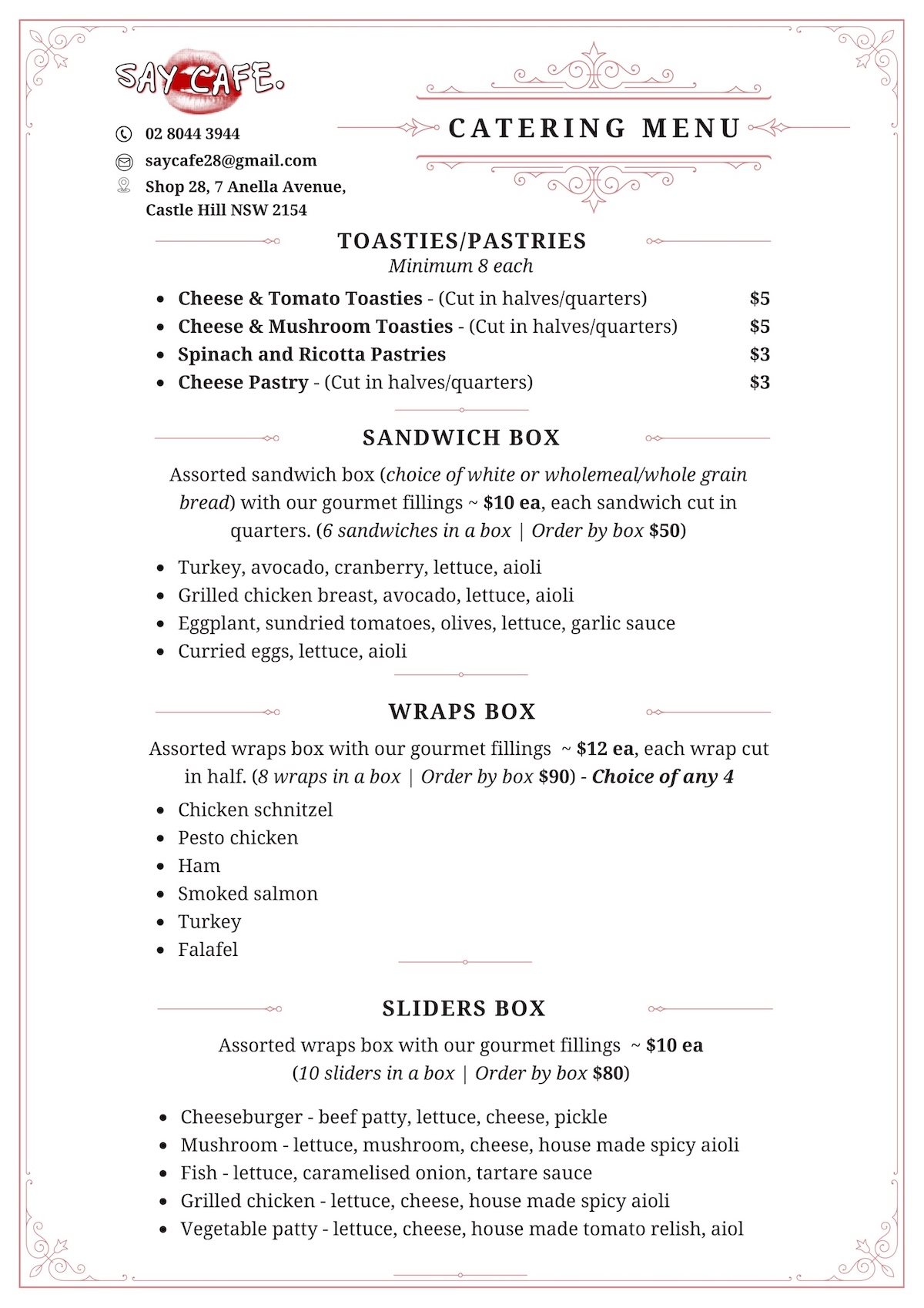 say cafe catering menu toasties pastries sandwich wraps sliders